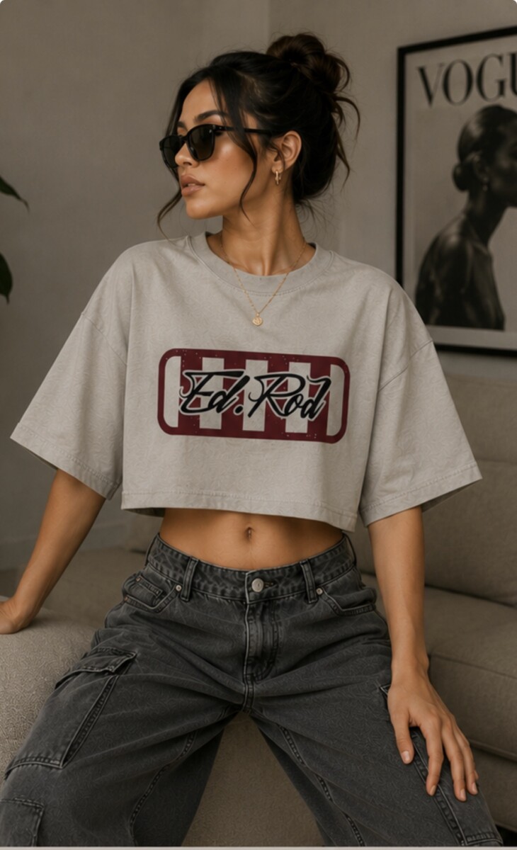 Ed Rod Signature Stripe Oversized Crop Tee – Stone Gray Edition