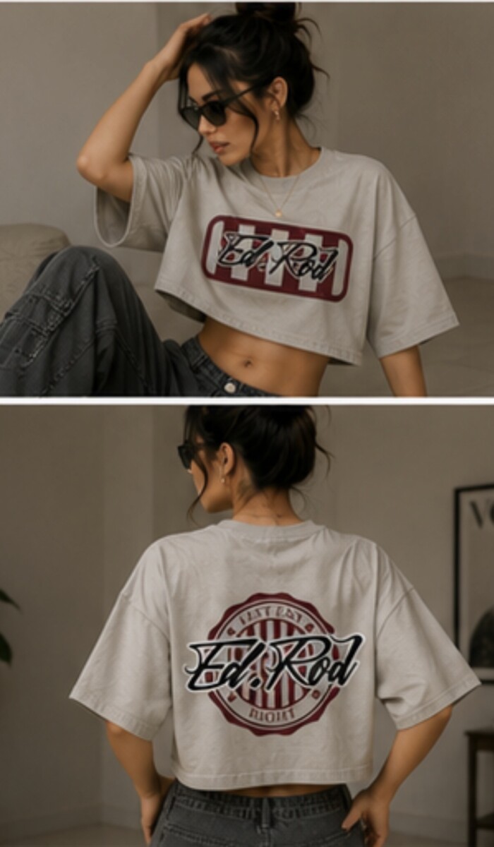 Ed Rod Signature Stripe Oversized Crop Tee – Stone Gray Edition - Image 3